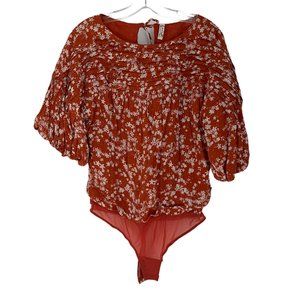 Free People Dessa Rust Red Combo Floral Print Short Sleeve Bodysuit Small S
